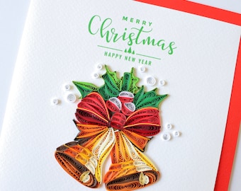 Merry Christmas Card, Christmas Jingle Bells Card, Holidays Xmas Card, Quilling Seasons Greeting Card, Christmas Gift Card, Holidays Card