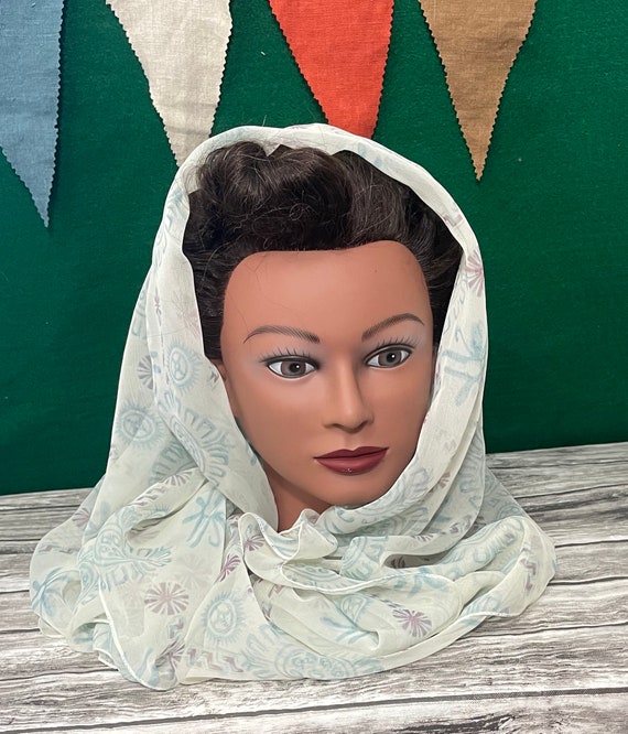 1940s Head Scarf WWII Semi Sheer White Print Wrap Hai Gem