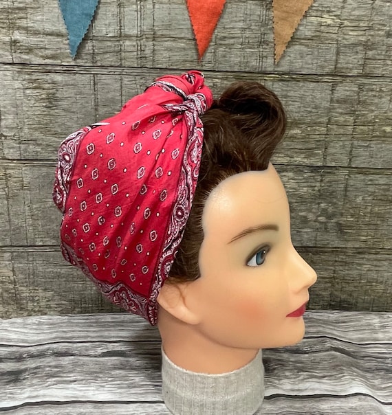 Wartime 1940s Style Head Scarf WWII Retro coral p… - image 2