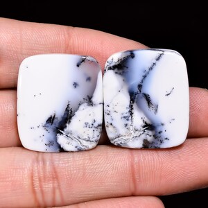 May include: Pair of white and black dendritic agate cabochons with a rectangular shape. The stones have a white base with black dendritic patterns.
