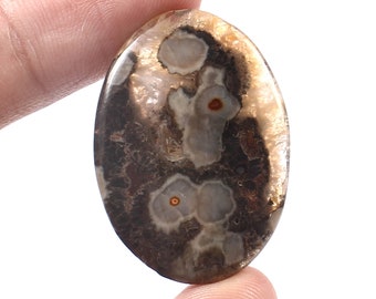 May include: Oval shaped cabochon gemstone with a brown, white, and orange pattern. The stone has a translucent appearance with a variety of textures.