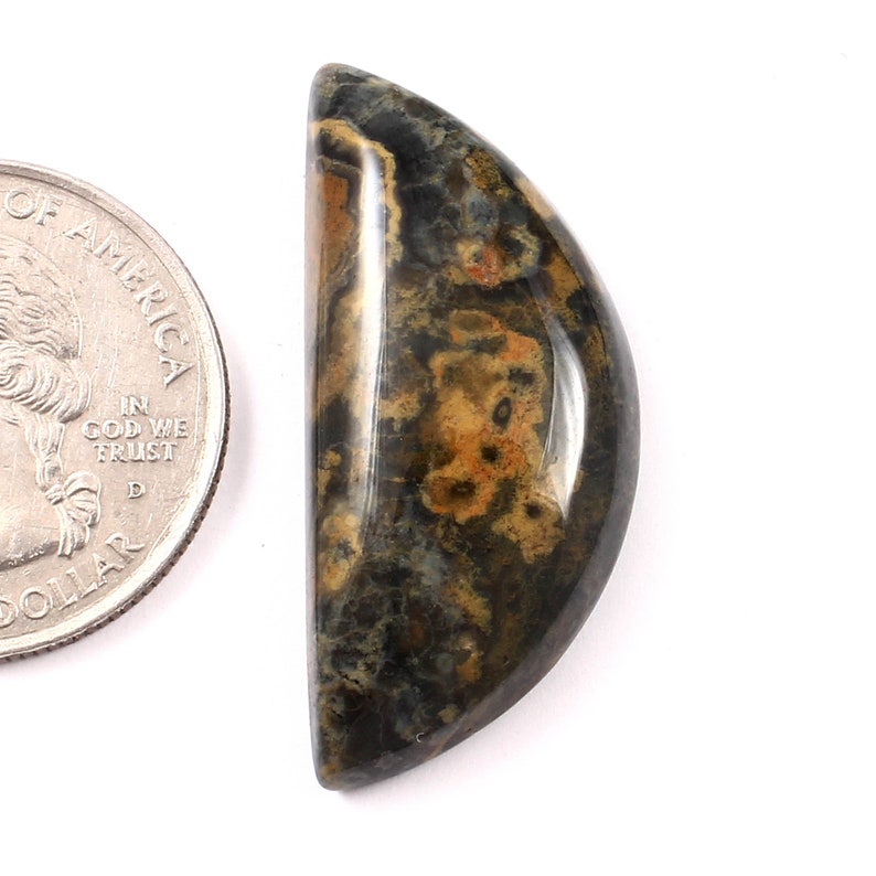 May include: A half-round, polished, dark brown and black gemstone with a light brown and orange pattern. The gemstone is about the size of a US quarter.