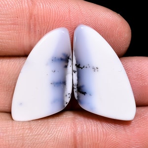May include: Pair of white and blue opal cabochons with black dendritic inclusions. The cabochons are teardrop shaped and have a smooth, polished surface.