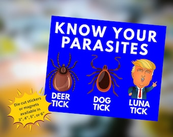May include: A blue rectangular sign with the white text KNOW YOUR PARASITES. It features illustrations of a deer tick, a dog tick, and a caricature labeled LUNA TICK. A yellow starburst graphic states die cut stickers or magnets available in 3", 4", 5", or 6".