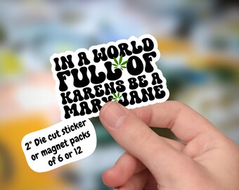 May include: A white die-cut sticker with the text "IN A WORLD FULL OF KARENS BE A MARY JANE" in black, with a cannabis leaf graphic. The sticker is held by a hand, and a smaller sticker below reads "2" Die cut sticker or magnet packs of 6 or 12".