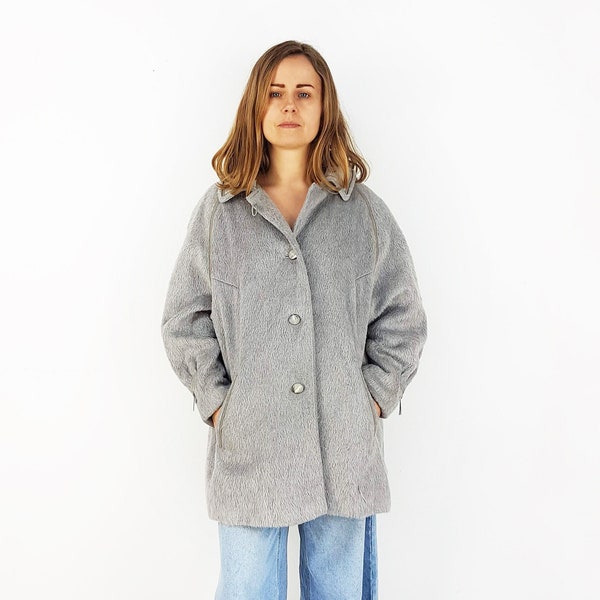 Manteau de lama en laine grise, taille L, pardessus vintage avec deux poches, vêtements d'occasion rétro de qualité supérieure