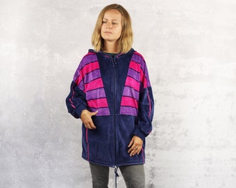 Velour hoodie, Size L/XL, Vintage 80's color block hoodie, Unisex velvet sweatshirt, Blue and pink retro track jacket, Zipped up sweatshirt,