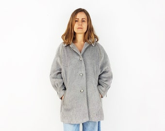 Grey wool llama coat, Size L, Vintage overcoat with two pockets, Superior quality retro second hand outwear