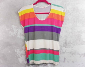 Vintage colorful strechy top, Size S, Striped blouse, Rainbow colours, 90's design, Y2K style