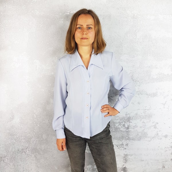 Vintage pastel blue shirt, Size M, Vtg blouse for work with pointed collar, Good quality retro clothes, Simple plain blouse