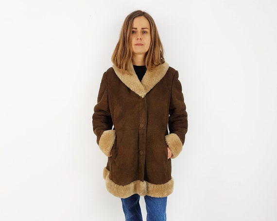 Manteau en peau de mouton vintage avec doublure en laine taille M L veste en fourrure de shearl vetements d hiver Penny Lane pardessus en daim marron Etsy France