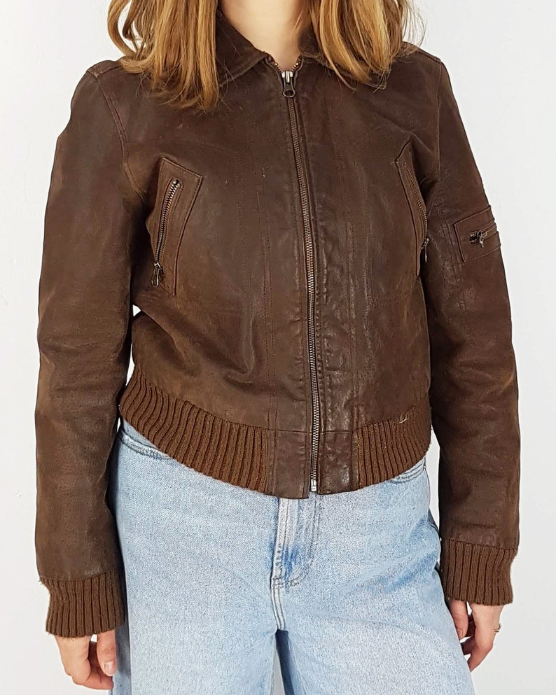 Genuine suede leather bomber jacket, Size XS, Brown leather good quality outwear image 4