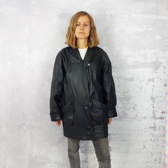 Leather vintage black jacket, Size L, Hip length … - image 1