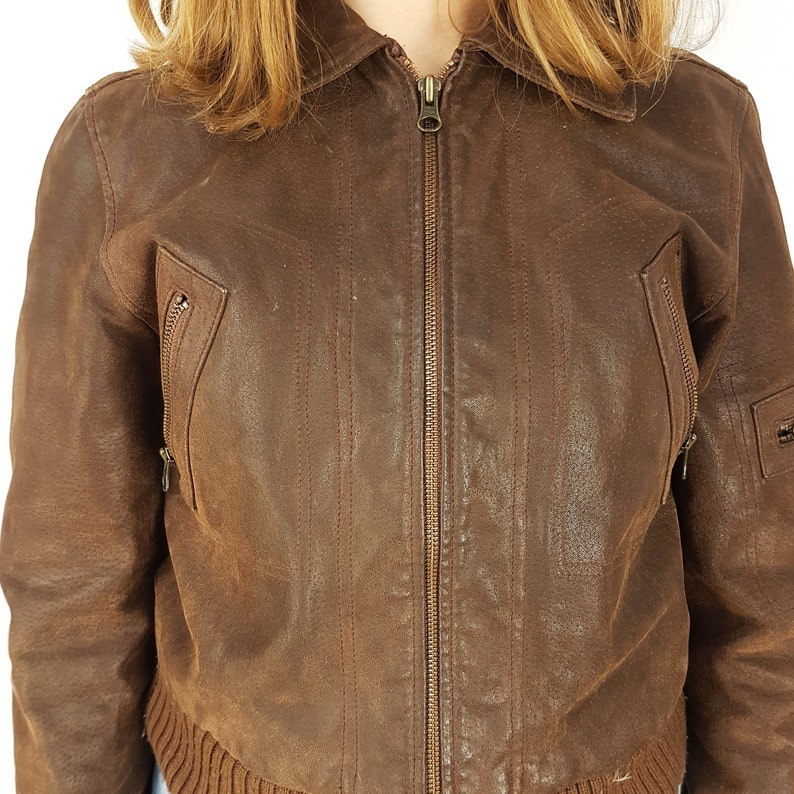 Genuine suede leather bomber jacket, Size XS, Brown leather good quality outwear image 5