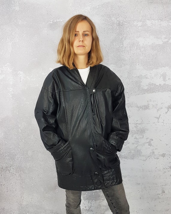 Leather vintage black jacket, Size L, Hip length … - image 4