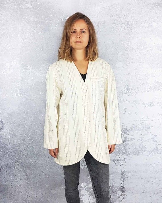 Vintage wool blazer, Off white striped jacket, Un… - image 2