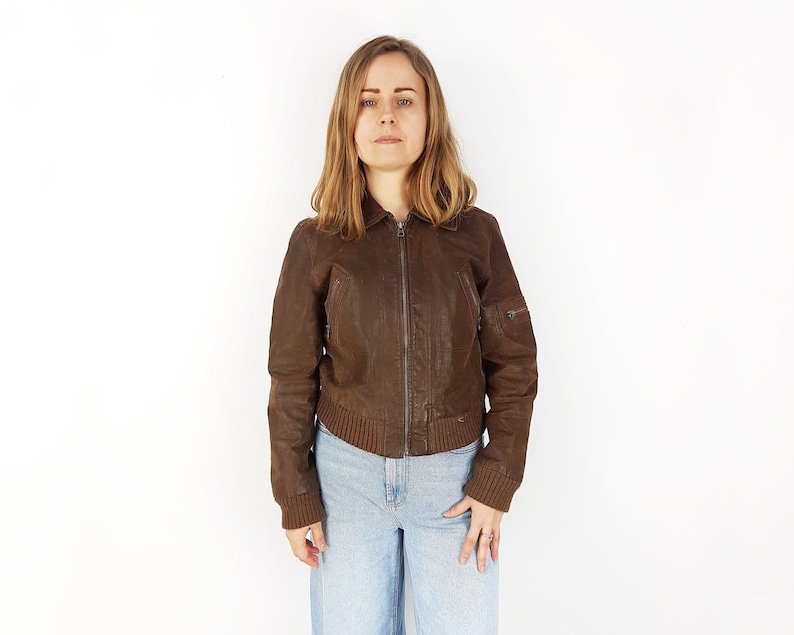 Genuine suede leather bomber jacket, Size XS, Brown leather good quality outwear image 1