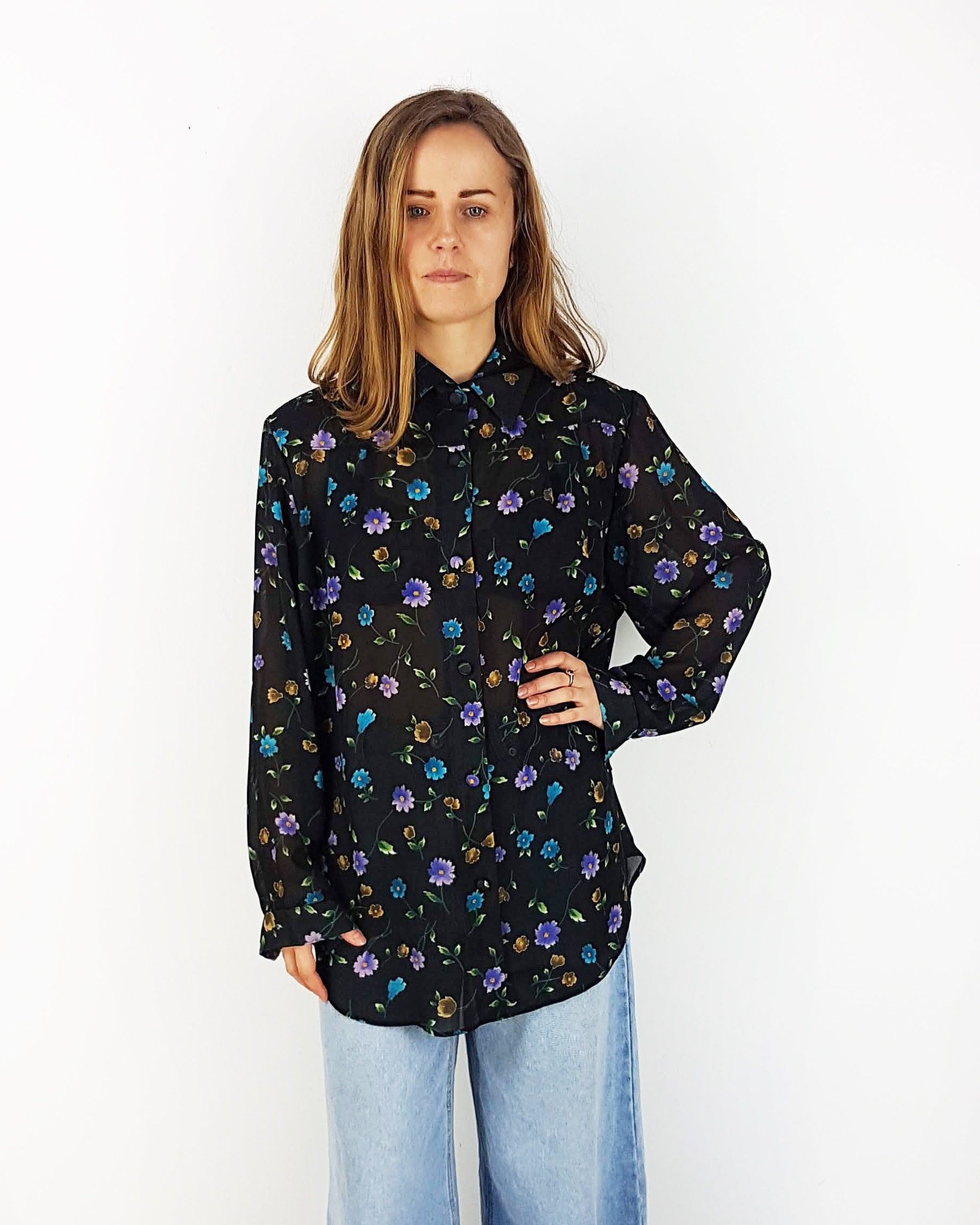 Women's Vintage Floral Sheer Shirt Size XXL/XXL Black Etsy