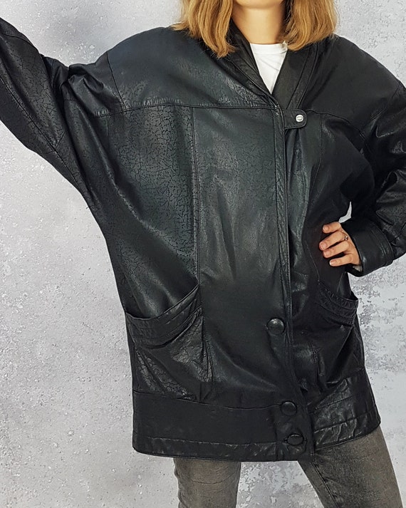 Leather vintage black jacket, Size L, Hip length … - image 5