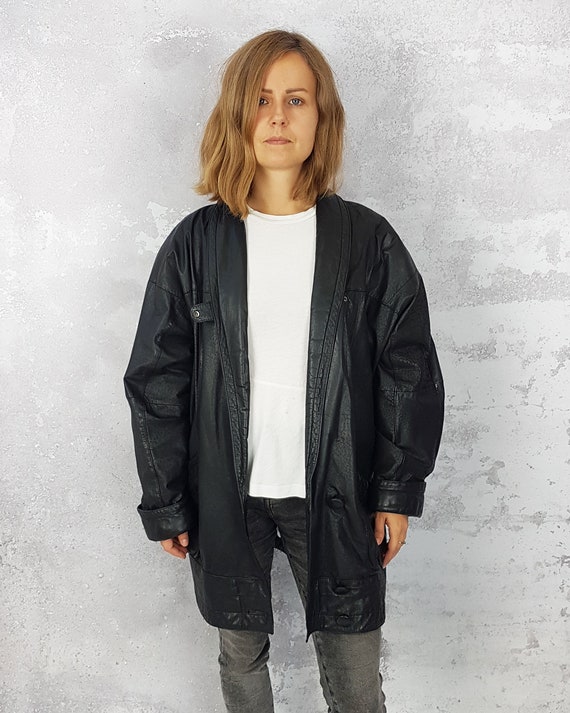 Leather vintage black jacket, Size L, Hip length … - image 9