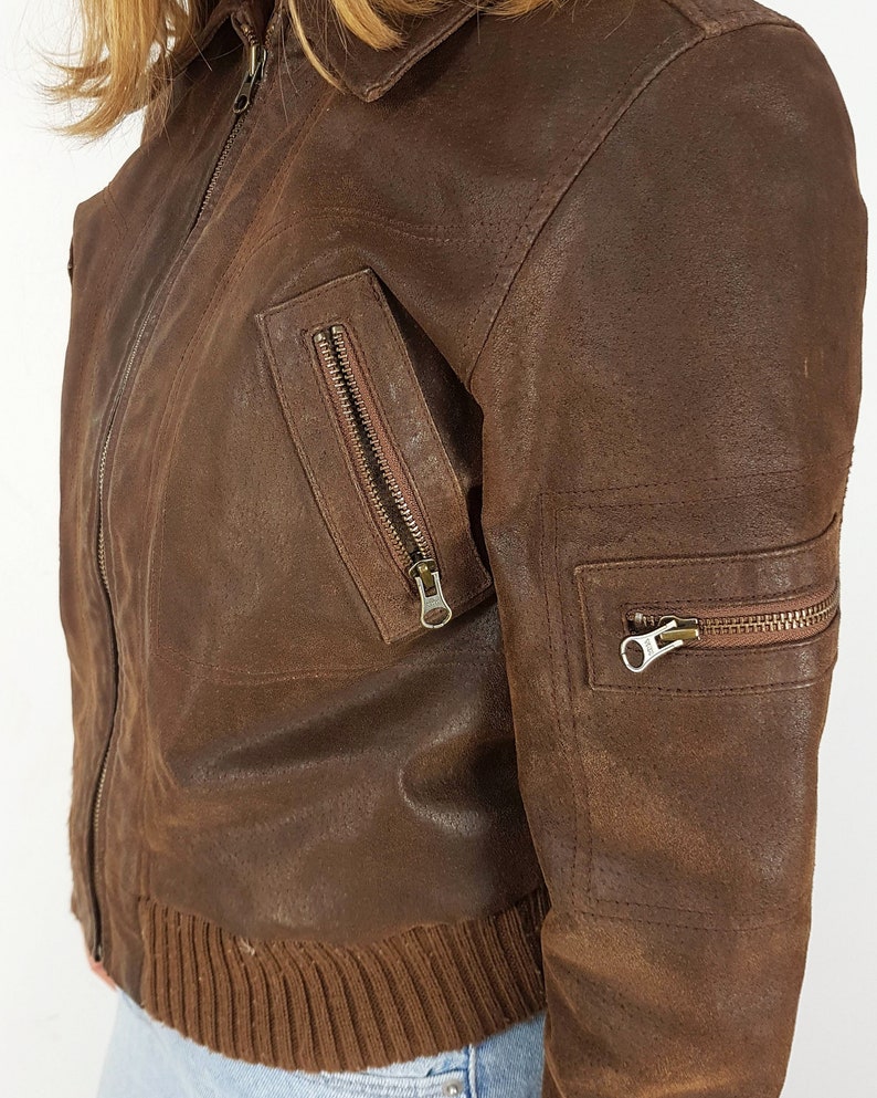 Genuine suede leather bomber jacket, Size XS, Brown leather good quality outwear image 6