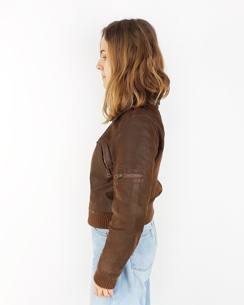 Genuine suede leather bomber jacket, Size XS, Brown leather good quality outwear image 2