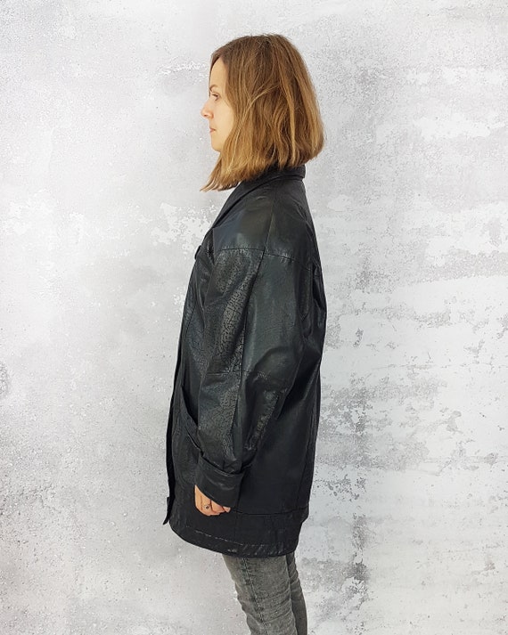 Leather vintage black jacket, Size L, Hip length … - image 2