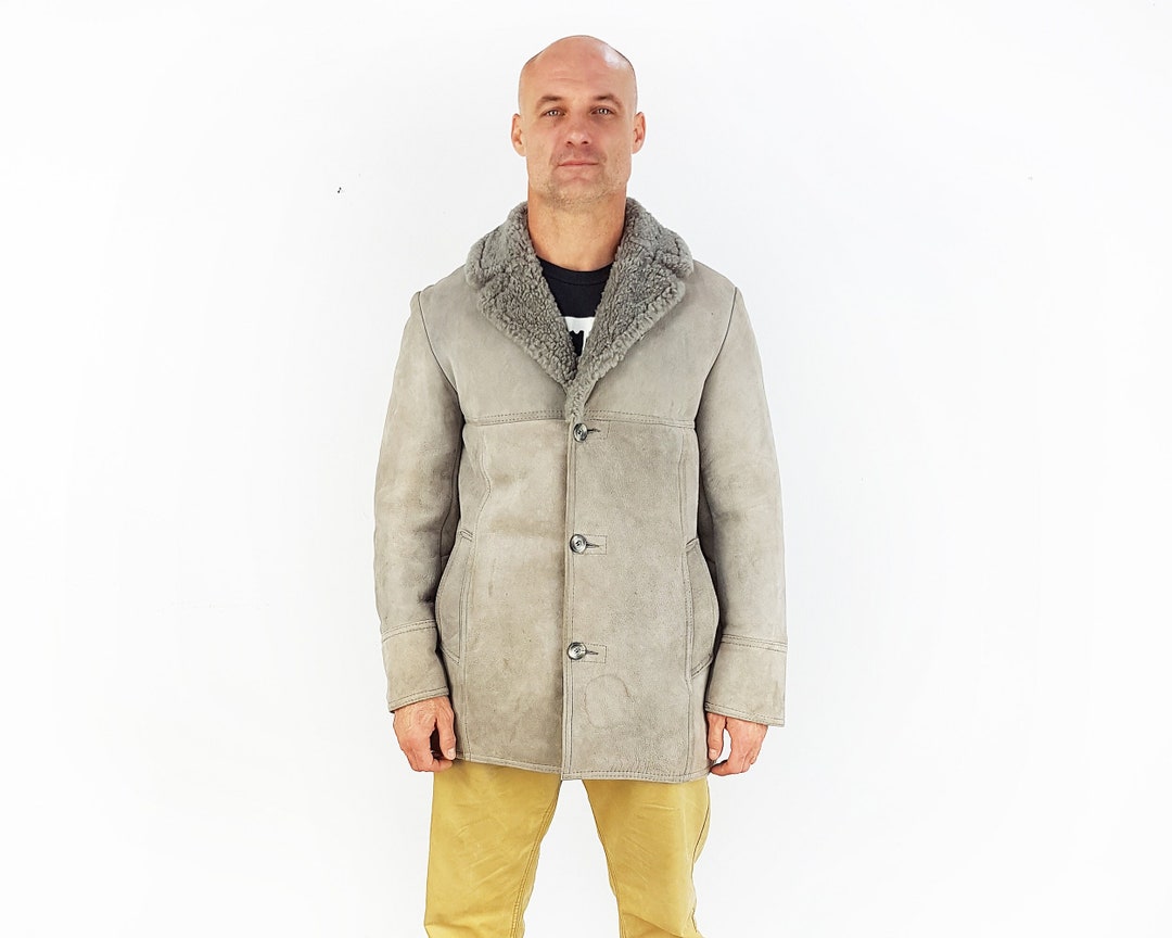 Vintage Grey Sheepskin Jacket With Faux Wool Lining Size XL Etsy