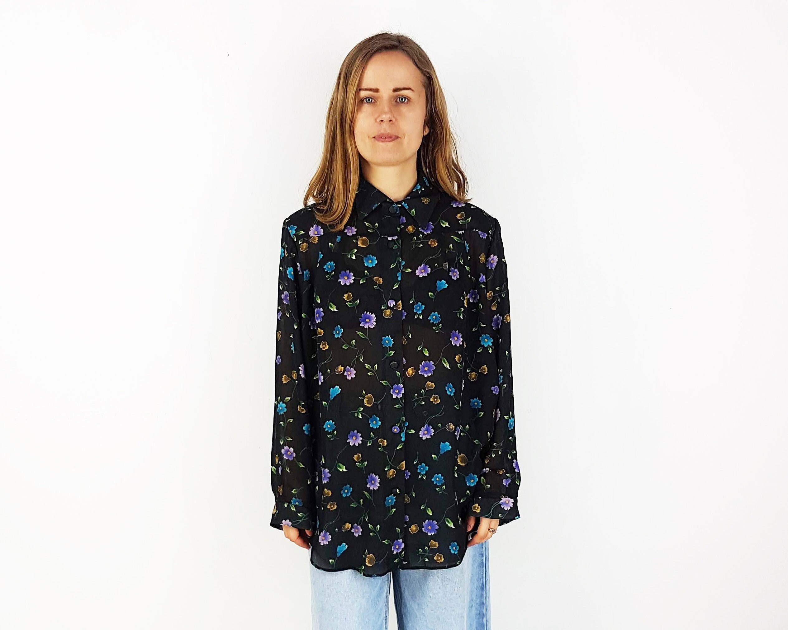 Women's Vintage Floral Sheer Shirt Size XXL/XXL Black Etsy