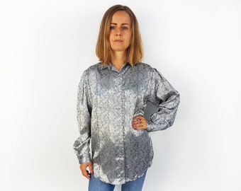 Chemisier gris argenté avec un col, Taille L, Chemise métallique élégante, Haut floral vintage brillant