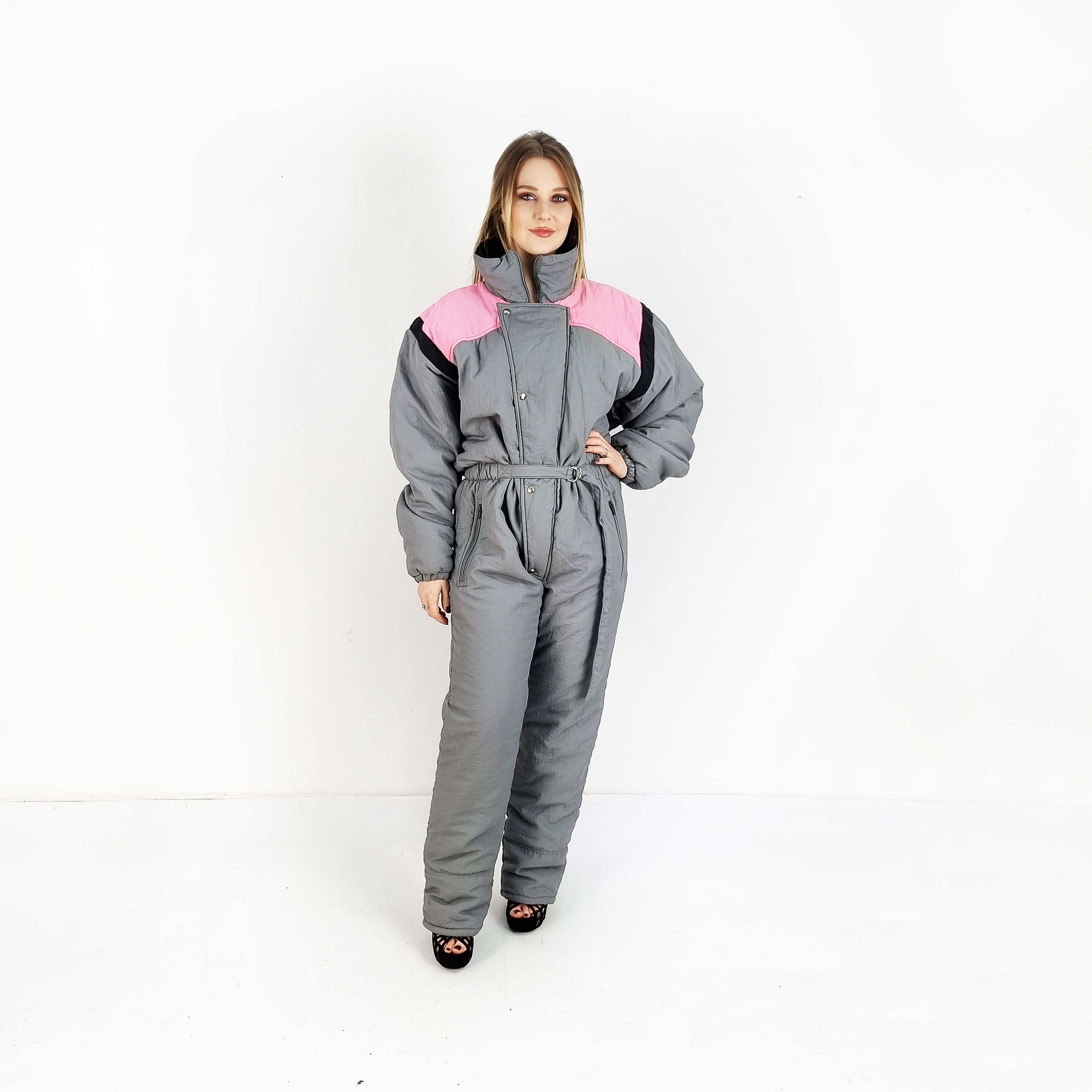 Ski Jumpsuit, 80's Ski Suit, Size M , Grey and Pink Vintage Ski Jumpsuit, 80's Ski Suit, Size M , Grey and Pink Vintage