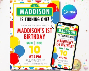 Sesame Street Theme Birthday Invitation, Digital Download, Canva Template, Instant Download, Editable Invite
