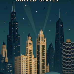 Chicago Skyline Digital Download – Vertical Nighttime City Poster, Retro Wall Art, Full-Bleed Chicago Landmark Print, Instant Download