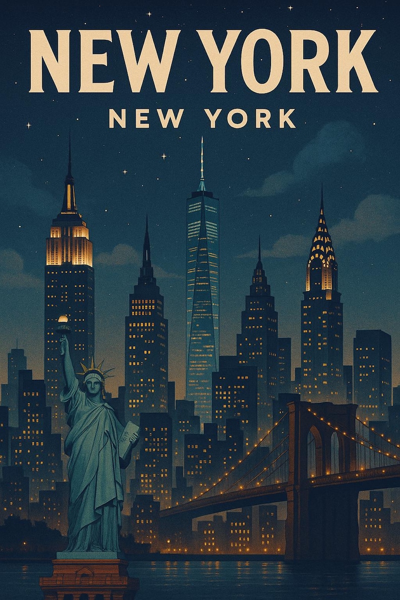 New York City Skyline Print – Retro Nighttime Poster Art – NYC Wall ...