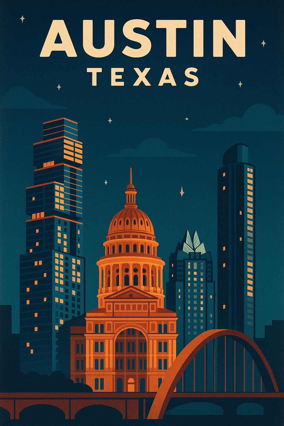 Austin Texas Skyline Poster – Retro Nightscape Print (digital Download ...