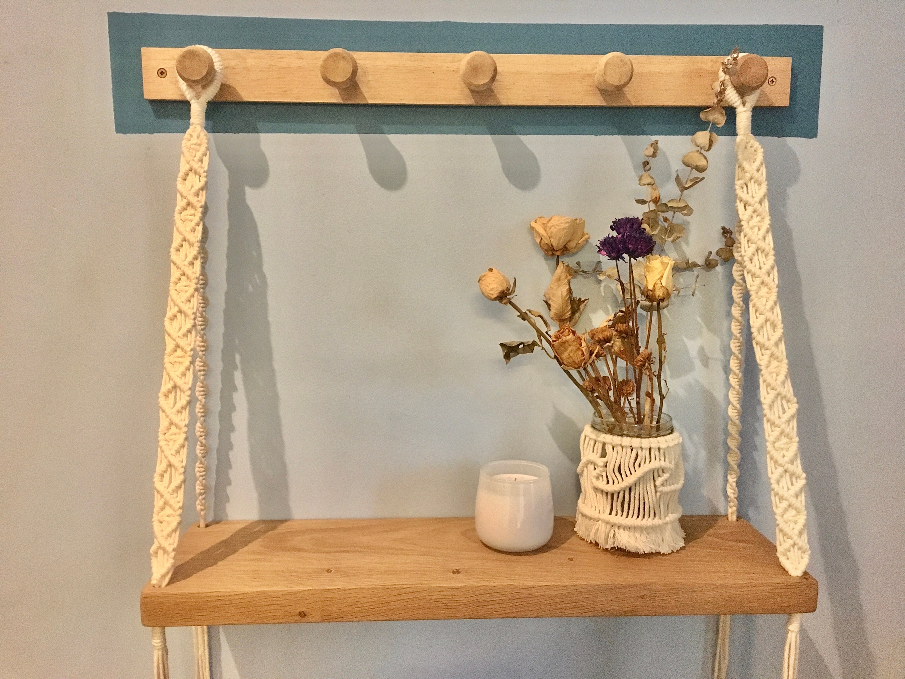 Etagère Murale Macramé & Bois de Chêne Massif/Étagère Suspendue Étagère Boho Flottante Hang From Wal