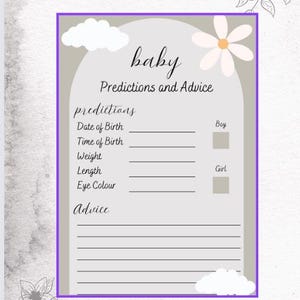Scheda di consigli e previsioni per il bambino per il baby shower