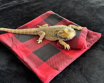 Puede incluir: Un lagarto barbudo marrón y beige descansando sobre una manta de franela de cuadros rojos y negros.