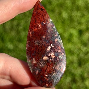 May include: A teardrop-shaped gemstone with a polished surface. The stone features a mix of deep red, brown, and white patterns, with areas of grey and translucent sections. The gemstone is held between fingers against a blurred green background.
