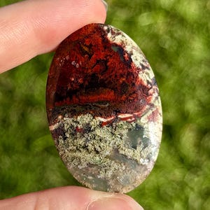 May include: An oval gemstone displaying a natural pattern of red, black, white, and green. The polished surface reveals a mix of textures and colours. The stone is held between fingers against a blurred green background, showcasing its unique, organic design.