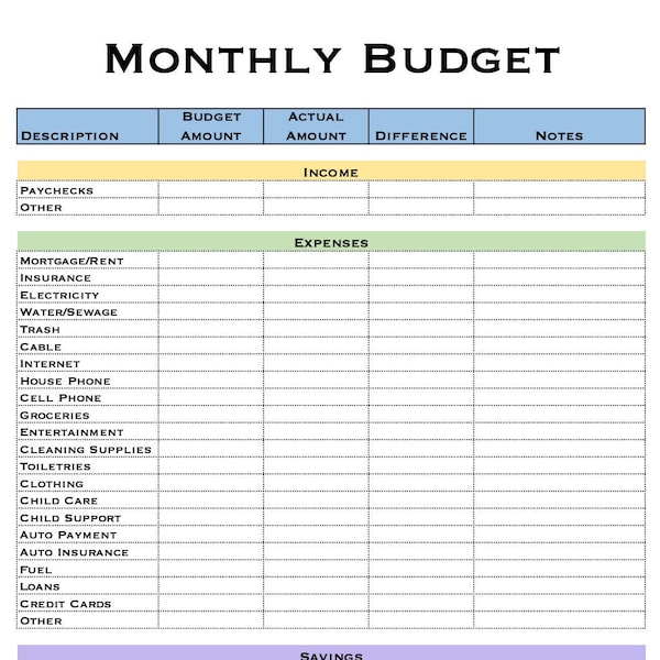 Simple Monthly Budget Editable