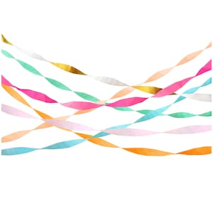 May include: A colorful paper streamer garland with a mix of pink, orange, blue, and gold streamers. The streamers are curled and twisted, creating a festive and celebratory look.