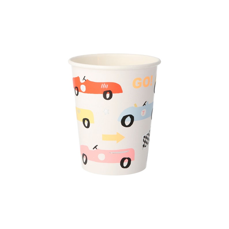 May include: White paper cup with a racing car theme. The cup features colourful cartoon race cars, a chequered flag, and the word "GO!" printed on the side.