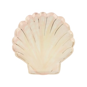 May include: A pink and white seashell-shaped decorative plate with gold accents. The plate is made of paper and is perfect for serving snacks or desserts.