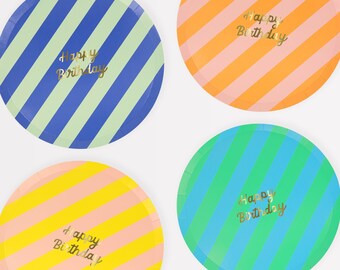 Meri Meri Happy Birthday Stripe Side Plates | Birthday Party Decor | Dessert Tableware
