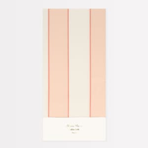 May include: A pink and white striped paper tablecloth with the text "Meri Meri tablecloth Napkin" on the bottom of the package.