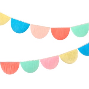 May include: A colorful paper tassel garland with alternating colors of yellow, blue, pink, red, green, pink, yellow, blue, and red. The garland is perfect for adding a festive touch to any party or celebration.