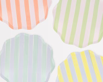 May include: Four pastel striped paper plates with scalloped edges. The plates are in shades of pink, green, blue, and yellow.