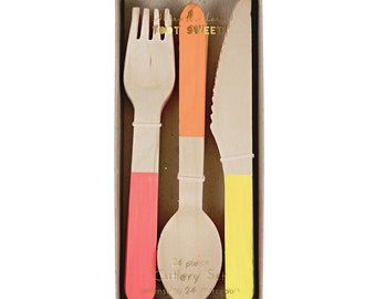 Neon Wooden Cutlery Set (x 24)