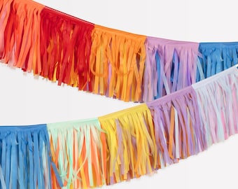 May include: Colorful paper fringe garland in a rainbow of hues, including red, orange, yellow, green, blue, and purple. The garland is made of long, thin strips of paper, perfect for party decorations and festive events.